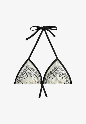 Biały trójkątny top bikini z czarną lamówką, czarnym kwiatowym i motylim nadrukiem oraz czarnymi paskami do wiązania przy szyi i plecach.