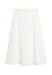 White midi skirt with vertical pleats, smooth fabric, fitted waist, and an A-line silhouette. No visible hardware or patterns.