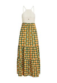 Maxikleid mit weißem Häkeloberteil, dünnen Trägern und grünem Rock mit Muster aus orangefarbenen und weißen Blumen.