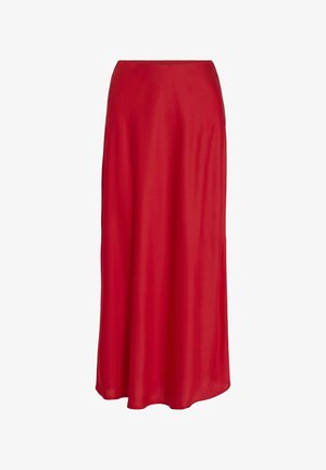 Rød sateng maxi-skjørt med en flomlignende design, som har en jevn tekstur og elastisk midje for komfort.
