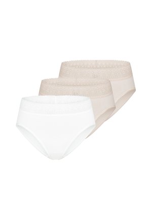Three women's underwear briefs in white and beige, featuring wide lace waistbands with floral patterns, arranged overlapping on a white background.