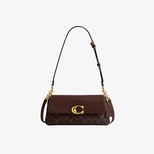 Barna bőr és szövet válltáska aranyszínű kapoccsal és állítható pánttal, jellemző márkalogós mintázattal és márkás bőrcímkével.