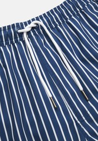 Navy sinivärvi ujumispüksid, millel on valged vertikaalsed triibud, elastne vöökoht ja reguleeritav pael kuldsete otstega.