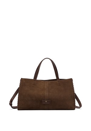 Borsa a mano rettangolare in suede marrone con bordi cuciti, due manici corti e tracolla staccabile, brandizzata "Queen Helena."