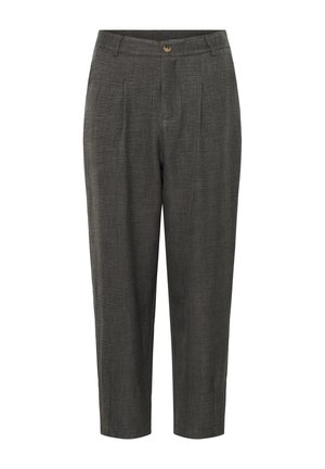 Grau maßgeschneiderte Hose aus leichtem, strukturiertem Material. Mit einer vorderen Falte, Gürtelschlaufen und einem einzelnen Knopfverschluss in der Taille.