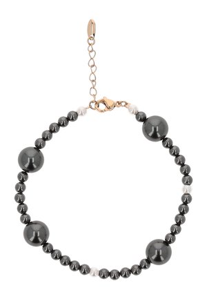 Brățară cu mărgele mici și mari în alternanță de culoare gri închis, câteva mărgele mici albe și un închizător cu lanț auriu.