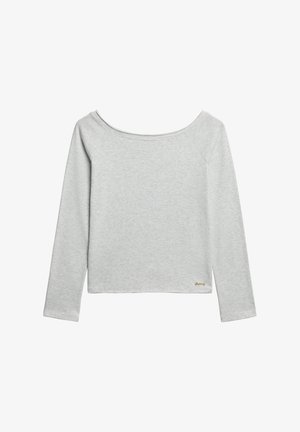 Lichtgrijze langemouwen top met een brede halslijn, gemaakt van zachte katoenmix stof. Heeft een klein gouden logo op de zoom.
