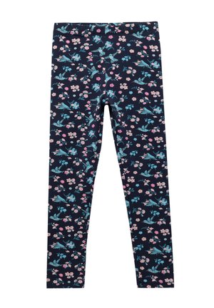 Marineblaue Leggings mit floralem Muster, das rosa und blaue Blumen sowie Blätter zeigt. Hergestellt aus einem dehnbaren Stoff für zusätzlichen Komfort.