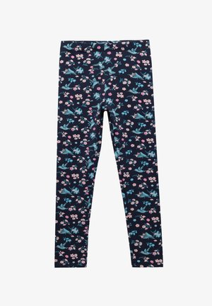 Leggings azul marino con un patrón floral que presenta flores y hojas en tonos rosa y azul. Fabricados con un tejido elástico para mayor comodidad.