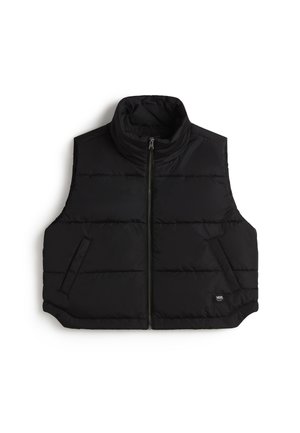 Chaleco acolchado negro con cuello alto, cierre de cremallera, dos bolsillos laterales y líneas cosidas para textura. Diseño ligero y sin mangas.