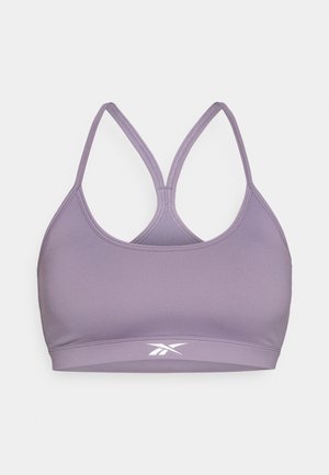 Ljubičasti sportski grudnjak s glatkom teksturom, s dizajnom racerback i bijelim logom na dnu. Bešavna konstrukcija za udobnost i podršku.