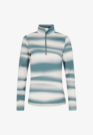 Minkšta medžiaga pagamintas puloveris su pusiau užtrauktuku, mėlynos ir baltos gradientinės juostelės, ilgos rankovės ir liesas siluetas.