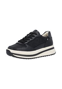 Black sneakers with leather and suede materials, textured sole, lace-up design, and white midsole with black accents and logo detail.