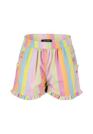 Pantaloncini a righe nei colori pastello rosa, blu, giallo e verde. Presentano un orlo arricciato e tasche, realizzati in tessuto leggero. Etichetta del marchio visibile.