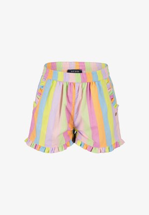 Gestreifte Shorts in Pastellfarben Pink, Blau, Gelb und Grün. Mit gerafftem Saum und Taschen, aus leichtem Stoff. Markenetikett sichtbar.