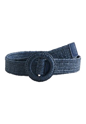 Navy blue woven belt with round braided buckle and stitched end detail, coiled on a white background.