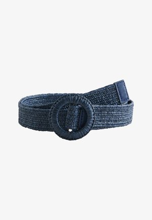 Navy blue woven belt with round braided buckle and stitched end detail, coiled on a white background.