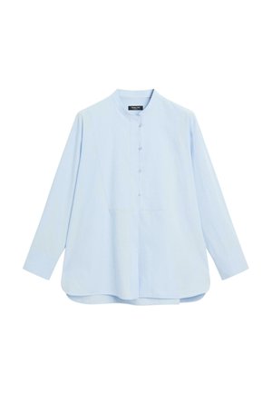 Camicia azzurro chiaro con bottoni, maniche lunghe, collo alla coreana e orlo arrotondato. Realizzata in tessuto morbido con una texture liscia.