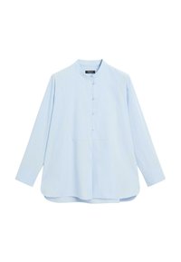 Light blue button-up shirt with long sleeves, a mandarin collar, and a rounded hem. Made of soft fabric with a smooth texture.