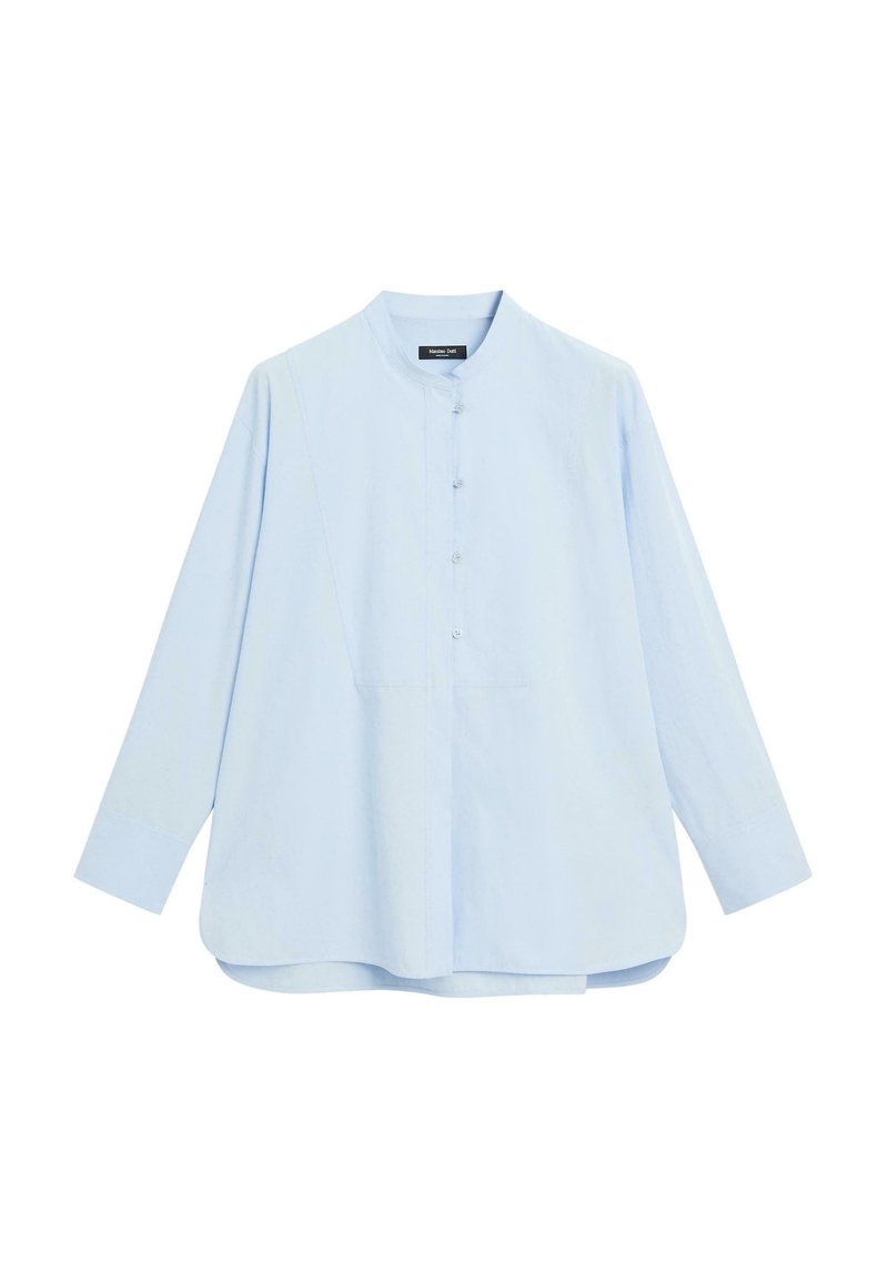 Light blue button-up shirt with long sleeves, a mandarin collar, and a rounded hem. Made of soft fabric with a smooth texture.