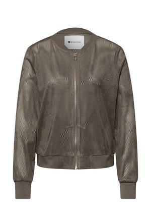 Veste bomber en daim marron perforé avec fermeture éclair frontale, poignets côtelés, ceinture et poches latérales, étiquetée "Street One".