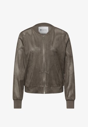 Veste bomber en daim marron perforé avec fermeture éclair frontale, poignets côtelés, ceinture et poches latérales, étiquetée "Street One".