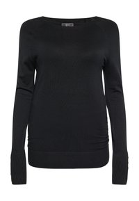 Pulover tricotat negru cu mâneci lungi, gât rotund, manșete cu nervuri și detalii de plisare laterală. Textură netedă cu un design ajustat.