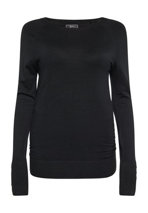 Maglione nero a maniche lunghe in maglia con scollo rotondo, polsini a coste e dettagli di arricciatura laterale. Texture liscia con una vestibilità aderente.