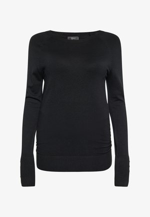 Must värviline pikkade varrukatega kudumipusa, millel on ümar kaelus, ribaga mansetid ja külgedel rütmidetail. Sile tekstuur ja peenike disain.