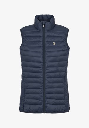 Marineblå ermeløs polstret vest med høy krage, glidelås foran og horisontalt quiltet mønster. Har en logo på brystet.