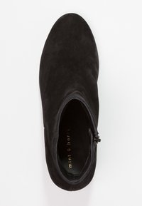 Schwarzer Wildleder-Ankle-Boot mit abgerundeter Zehenpartie, seitlichem Reißverschluss und glatter Textur. Minimalistisches Design ohne Muster oder Akzente.