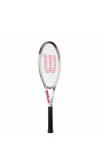 Wilson tennis racket with a silver and white frame, a black textured grip, and red logo on the head. Features a standard string pattern.