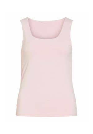 Canotta rosa senza maniche con scollo quadrato. Tessuto dalla trama liscia, design aderente e costruzione semplice senza dettagli aggiuntivi.