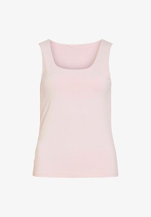 Canotta rosa senza maniche con scollo quadrato. Tessuto dalla trama liscia, design aderente e costruzione semplice senza dettagli aggiuntivi.