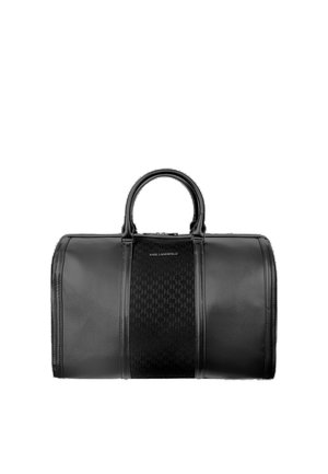 Schwarze Leder-Weekender-Tasche mit zwei Griffen und strukturiertem zentralem Paneel mit dezentem Muster und Karl Lagerfeld-Logo.