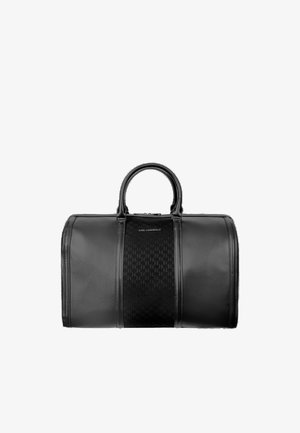 Sort lædertaske med to håndtag og tekstureret midterpanel med diskret mønster og Karl Lagerfeld-logo.