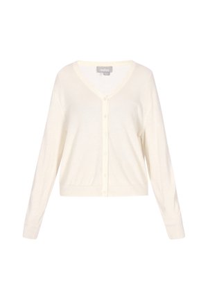 Cremefarbener V-Ausschnitt-Cardigan mit Knöpfen, langen Ärmeln und geripptem Saum, vor weißem Hintergrund präsentiert.