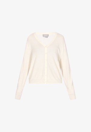 Kremowy sweter rozpinany na guziki z dekoltem w serek, z długimi rękawami i prążkowanym brzegiem, prezentowany na białym tle.