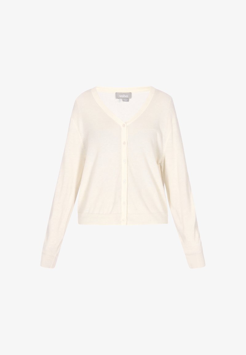 Kremowy sweter rozpinany na guziki z dekoltem w serek, z długimi rękawami i prążkowanym brzegiem, prezentowany na białym tle.