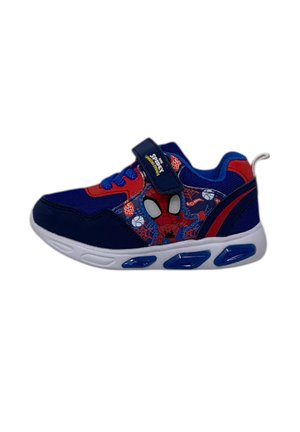 Scarpa da ginnastica per bambini blu e rossa con grafica di Spider-Man, chiusura a strappo e suola bianca con dettagli cuscinetto d'aria blu.