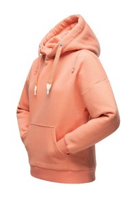Coral hoodie with a drawstring hood, front pocket, and ribbed cuffs. Smooth texture with subtle embroidered detail at the hem.