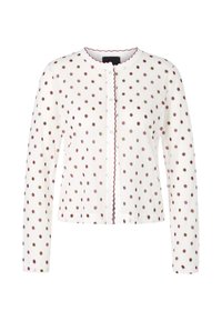 Weißer Cardigan mit langen Ärmeln, gepunktetem Muster in Rosa und Braun, gewelltem Ausschnitt und Knopfverschluss vorne. Weicher Stoff.