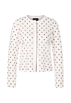 Weißer Cardigan mit langen Ärmeln, gepunktetem Muster in Rosa und Braun, gewelltem Ausschnitt und Knopfverschluss vorne. Weicher Stoff.