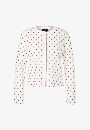 Weißer Cardigan mit langen Ärmeln, gepunktetem Muster in Rosa und Braun, gewelltem Ausschnitt und Knopfverschluss vorne. Weicher Stoff.