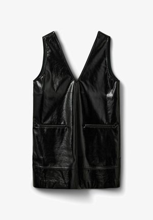 Zwarte mouwloze vest, glanzend faux leren materiaal, V-hals ontwerp, met twee voorzakken en zonder sluitingen, met een gladde, glanzende textuur.