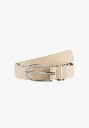 Beżowy skórzany pasek o gładkiej fakturze, z metalową klamrą w kolorze srebrnym i dwiema zębami, zaprojektowany z równoległym przeszyciem wzdłuż krawędzi.