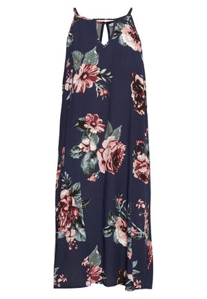 Marineblaues ärmelloses Maxikleid mit pink-grünem Blumenmuster, dünnen Trägern und kleinem Schlüssellochausschnitt am Ausschnitt.
