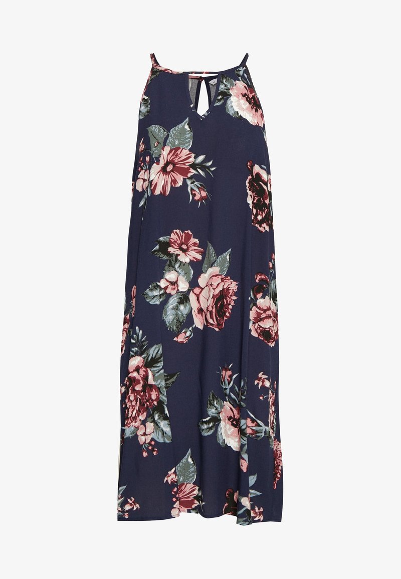 Robe maxi sans manches bleu marine à imprimé floral rose et vert, avec fines bretelles et petite découpe en forme de trou de serrure au niveau du décolleté.