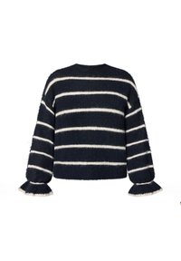 Pull bleu marine en tissu duveteux avec des rayures blanches horizontales et des poignets évasés bordés de blanc, présenté sur un fond blanc.