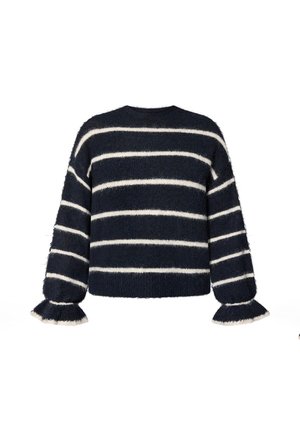 Pull bleu marine en tissu duveteux avec des rayures blanches horizontales et des poignets évasés bordés de blanc, présenté sur un fond blanc.